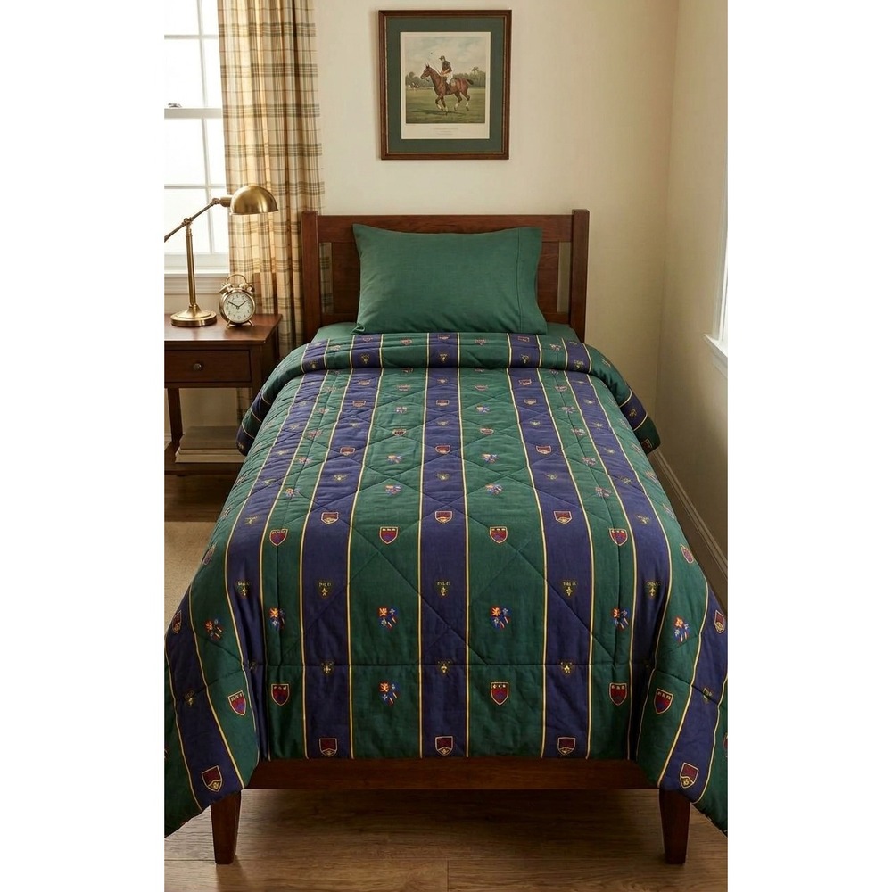 Rare Vintage Ralph Lauren Twin Comforter Chappel Stripe Crest Old Money Preppy